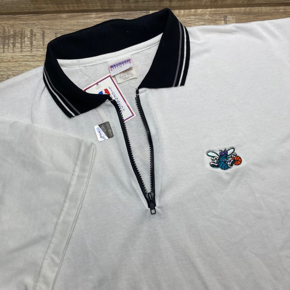Vintage Charlotte Hornets NBA 1/4 Zip Polo Shirt White Brandon Sportswear Medium